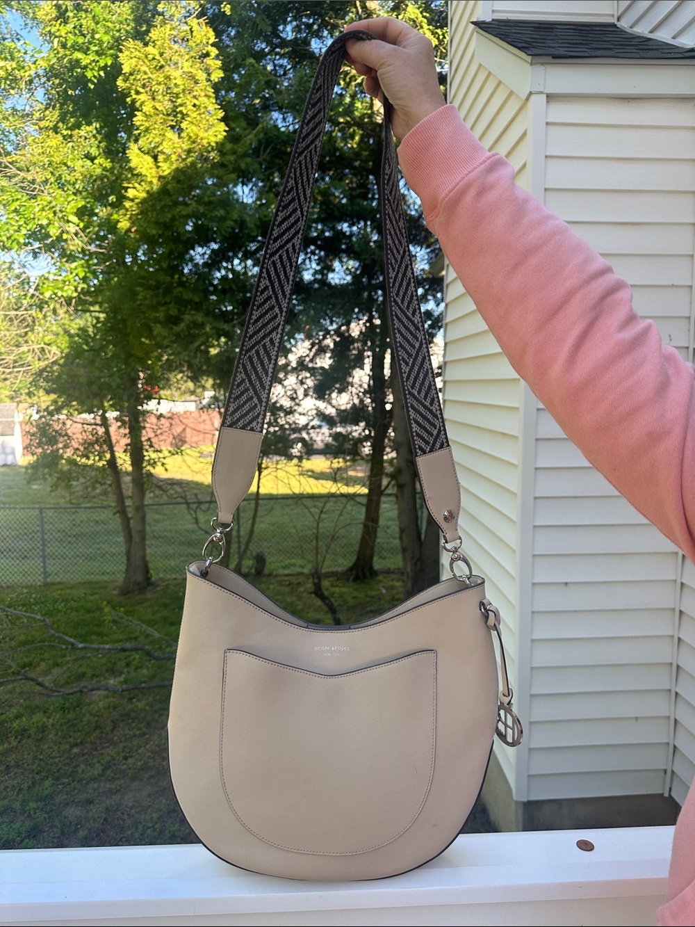 HENRI BENDEL W57TH Large Hobo Stripes Guitar Strap Crossbody in Nude Color